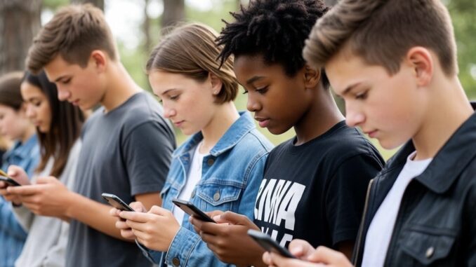 Teens focused on smartphones outdoors in line.