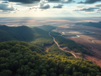 Aerial view of landscape with forests.