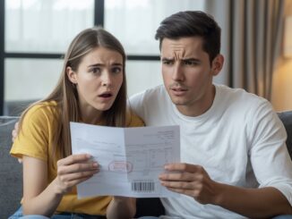 Couple looking shocked at a bill.