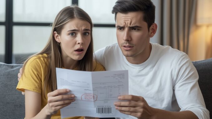 Couple looking shocked at a bill.