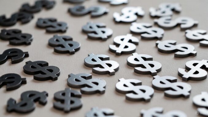 Multiple black and silver dollar signs scattered. Multiple black and silver dollar signs scattered.