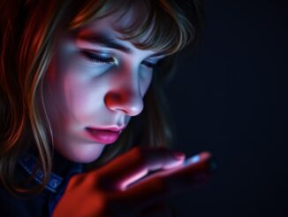 Person intently looking at a smartphone screen.