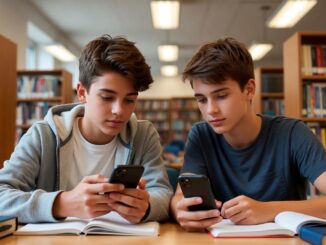 Two teenagers studying with smartphones in library.