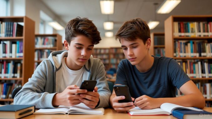Two teenagers studying with smartphones in library.
