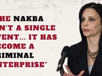 Woman speaking with quote about Nakba.