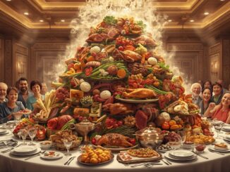 Lavish feast with people around large table.
