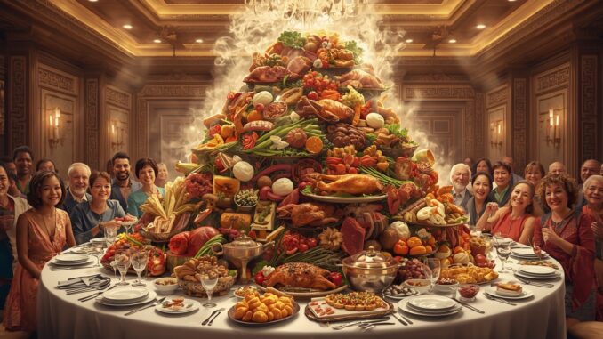 Lavish feast with people around large table. Lavish feast with people around large table.
