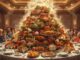 Lavish feast with people around large table.