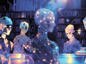 Futuristic humanoid figures in a library setting.