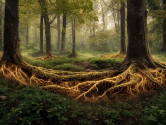 Glowing tree roots in a mystical forest.
