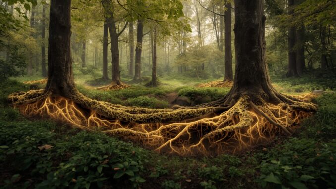 Glowing tree roots in a mystical forest. Glowing tree roots in a mystical forest.