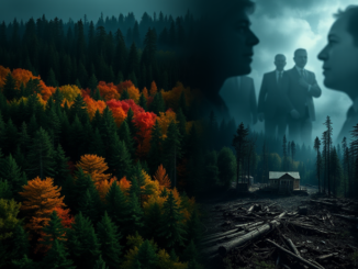 Autumn forest and mysterious figures in suits.