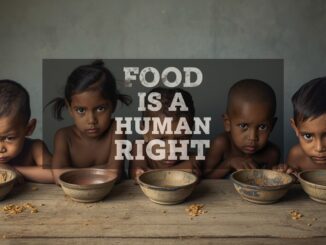 Hungry children with empty bowls, food message.
