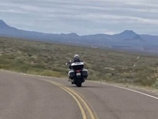 Motorcyclist riding on winding desert road.