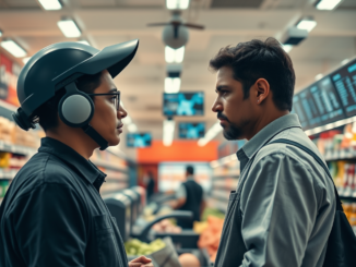 Two men facing each other in supermarket.