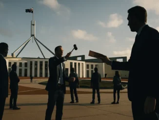 Men discussing outside a government building.