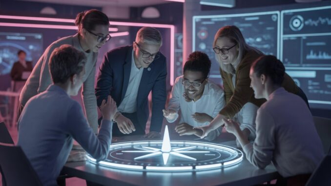 Team strategizing around illuminated digital table. Team strategizing around illuminated digital table.