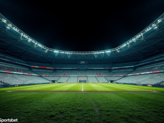 Empty illuminated football stadium at night.