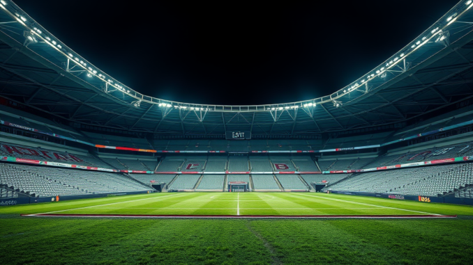 Empty illuminated football stadium at night. Empty illuminated football stadium at night.