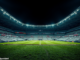 Empty illuminated football stadium at night.