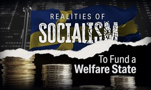 Coins and text about socialism and welfare state.