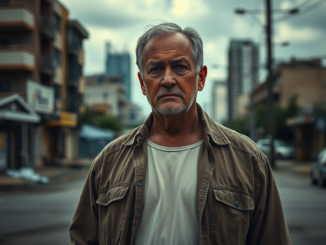 Elderly man standing on an urban street.