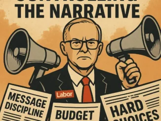 Man with megaphones and newspapers, political theme.