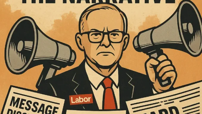 Man with megaphones and newspapers, political theme.