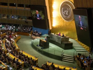 UN assembly hall with speaker at podium.