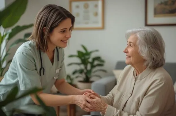 Smiling nurse holding an older woman's hands