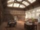 Library with wooden interior and reading tables.