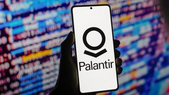 Palantir logo on smartphone, colorful background.