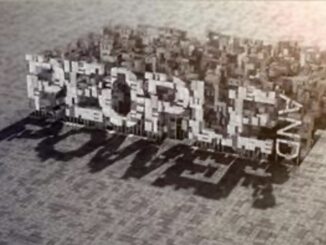 3D text "People and Power" on pavement.