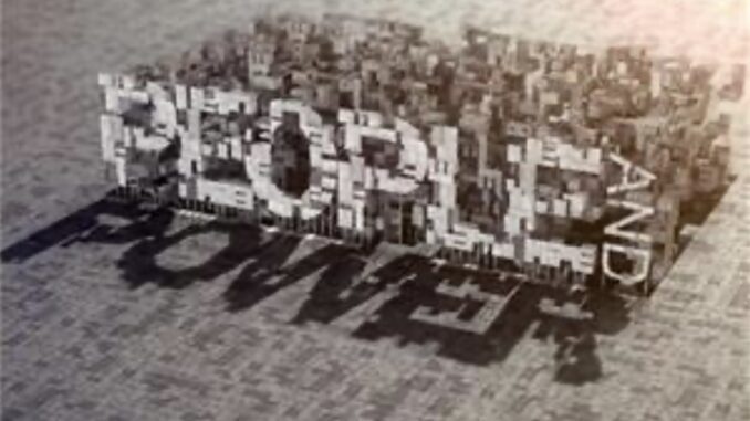 3D text "People and Power" on pavement.