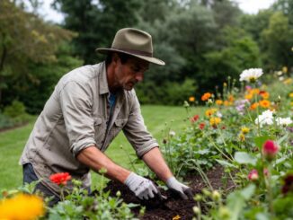 Gardener tending colorful flowers in garden.