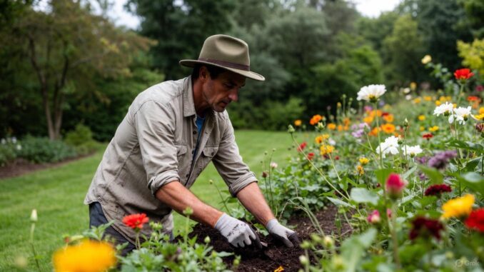 Gardener tending colorful flowers in garden. Gardener tending colorful flowers in garden.
