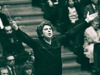 Conductor passionately leading an orchestra performance.