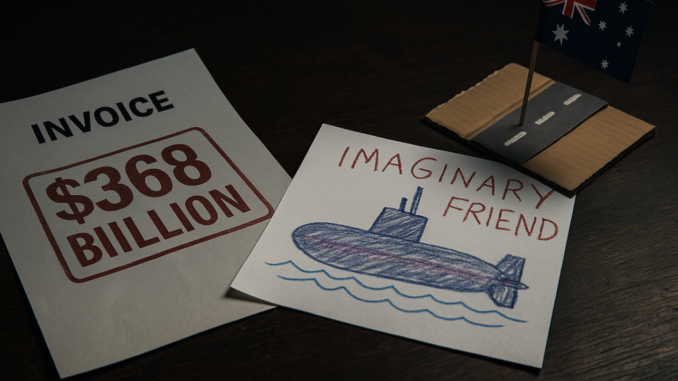 Invoice and submarine drawing with Australian flag.