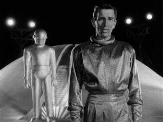 Man and robot in futuristic setting, black-and-white.