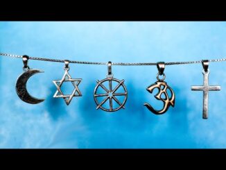 Five religious symbols hanging on chain.