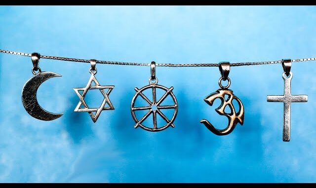 Five religious symbols hanging on chain. Five religious symbols hanging on chain.