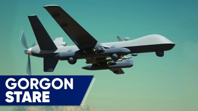 Drone in flight with Gorgon Stare text. Drone in flight with Gorgon Stare text.