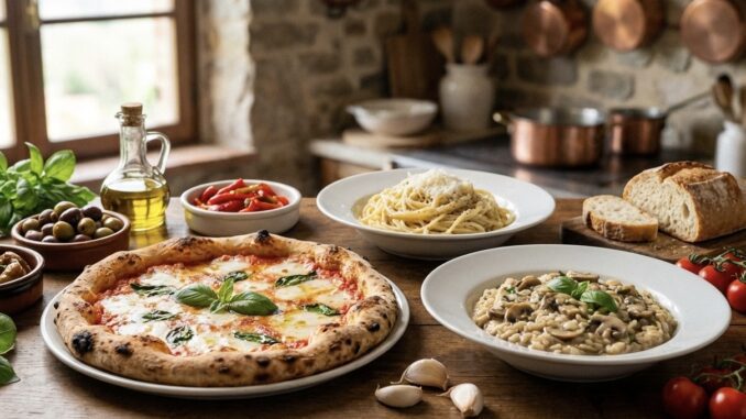Italian meal with pizza and pasta dishes. Italian meal with pizza and pasta dishes.