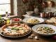 Italian meal with pizza and pasta dishes.