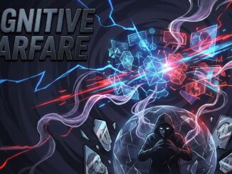 Hooded figure amidst digital and abstract elements.