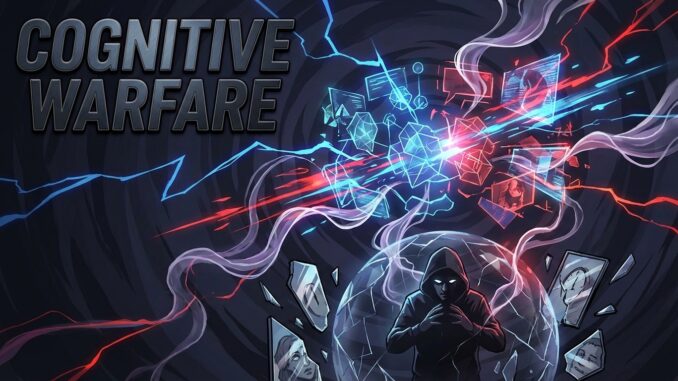 Hooded figure amidst digital and abstract elements. Hooded figure amidst digital and abstract elements.