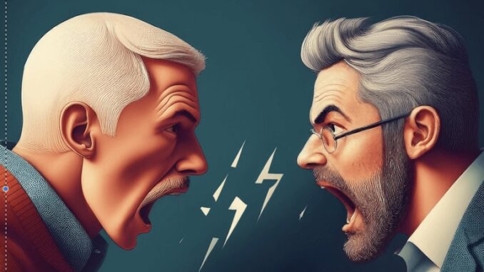 Two men angrily shouting at each other. Two men angrily shouting at each other.