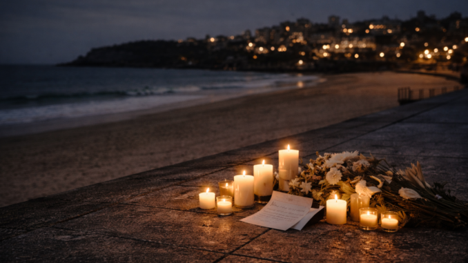 Candles and flowers by the beachside at night. Candles and flowers by the beachside at night.