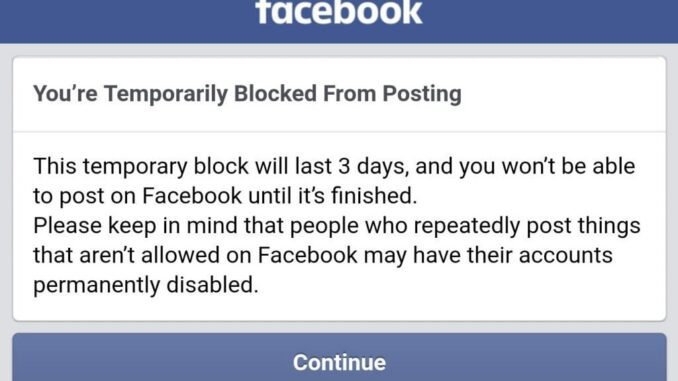 Facebook temporary block notification message screen.