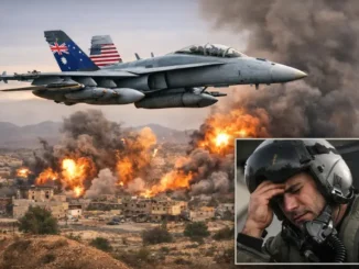 Military jet flying over a fiery battlefield.